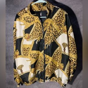 AVON STYLE Vintage Black Gold Animal print 100%Silk Puffy Bomber Jacket Large